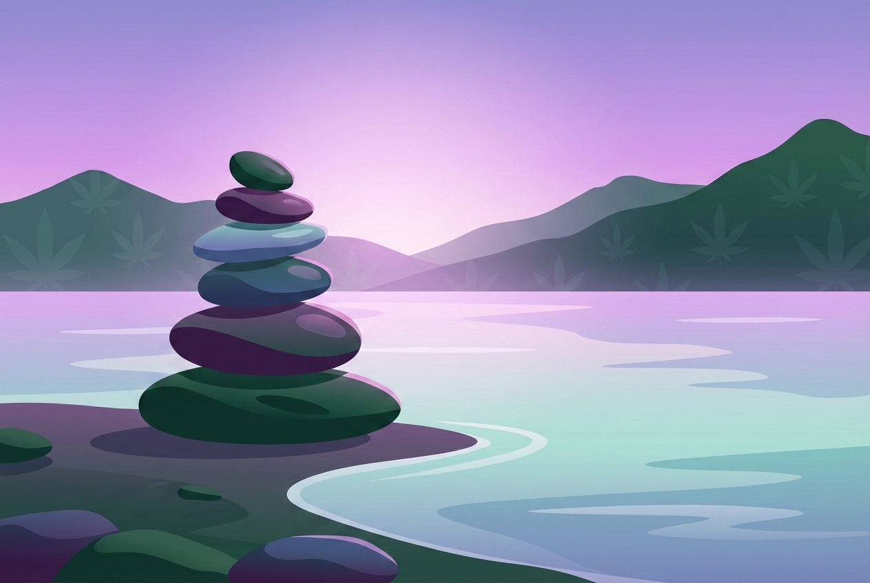 A minimalistic, serene illustration of a stack of smooth stones balanced perfectly on a shoreline, symbolizing homeostasis