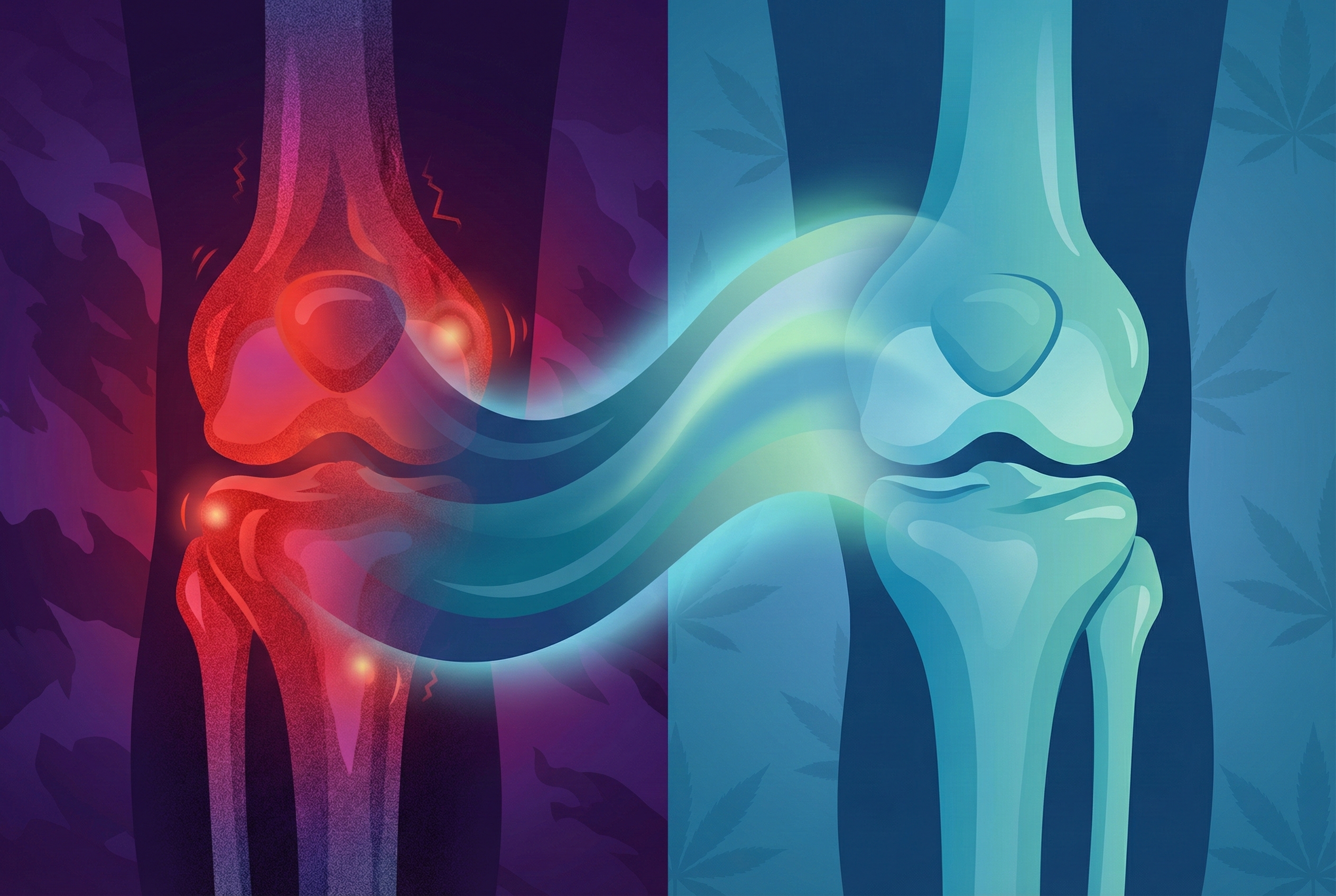 Split-view graphic of a human joint; left side red and inflamed, right side cool blue representing CBD relief