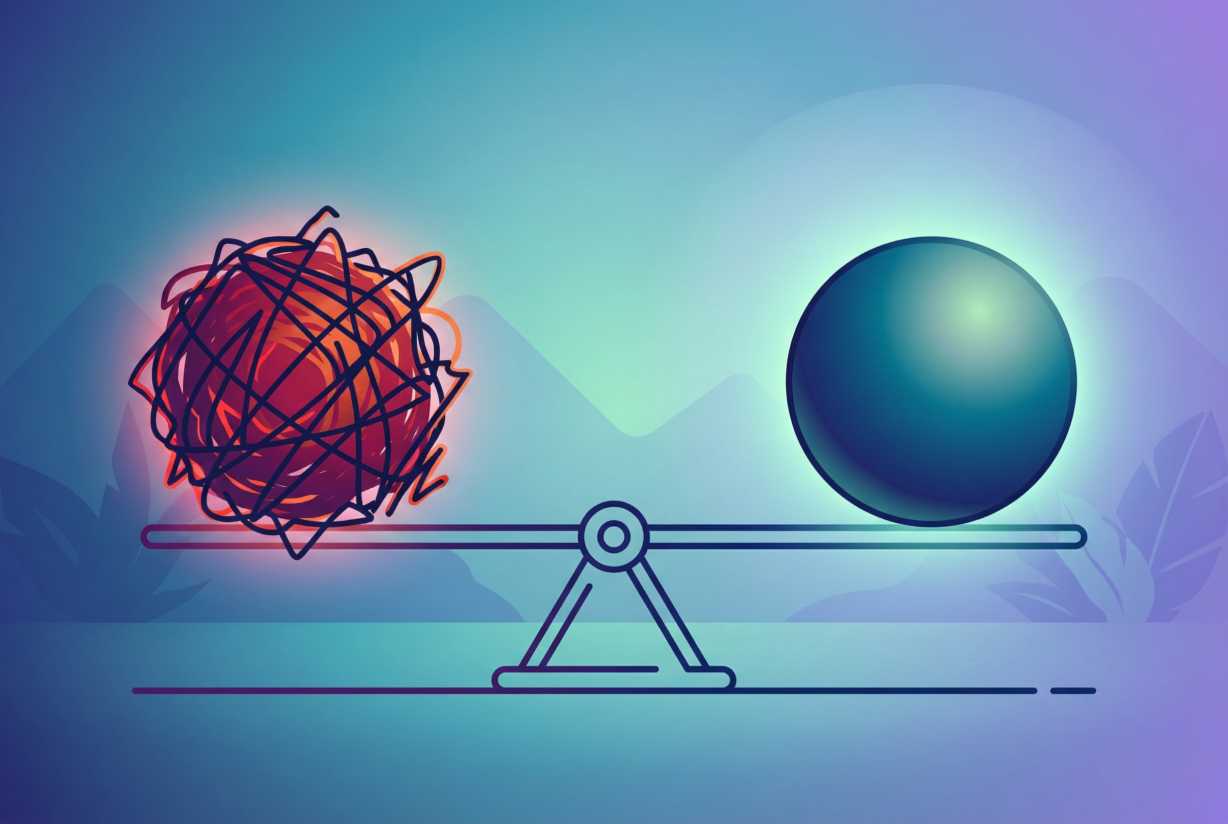A simple line-art illustration of a see-saw. One side represents chaotic stress, the other smooth calm, perfectly balanced.